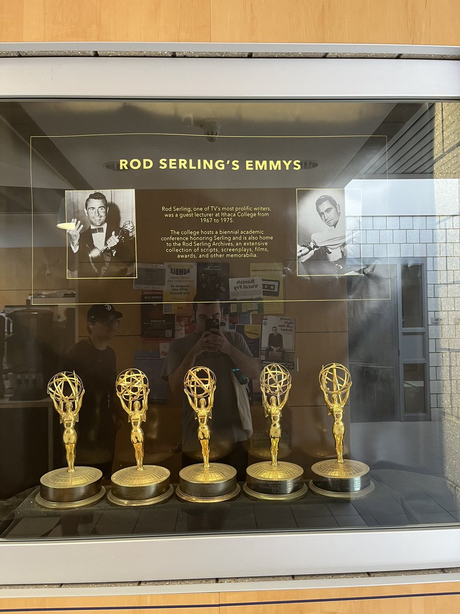 pfeld8's tweet photo. Featured in the main lobby of the Park School, fans of classic TV might be inclined to find five of Rod Sterling’s Emmys in showcase. The Twilight Zone creator as mentioned was a guest lecturer here from 1967-1975. @AllisonFrisch07 #ICIntroJourn https://t.co/ABsLD9cfgd