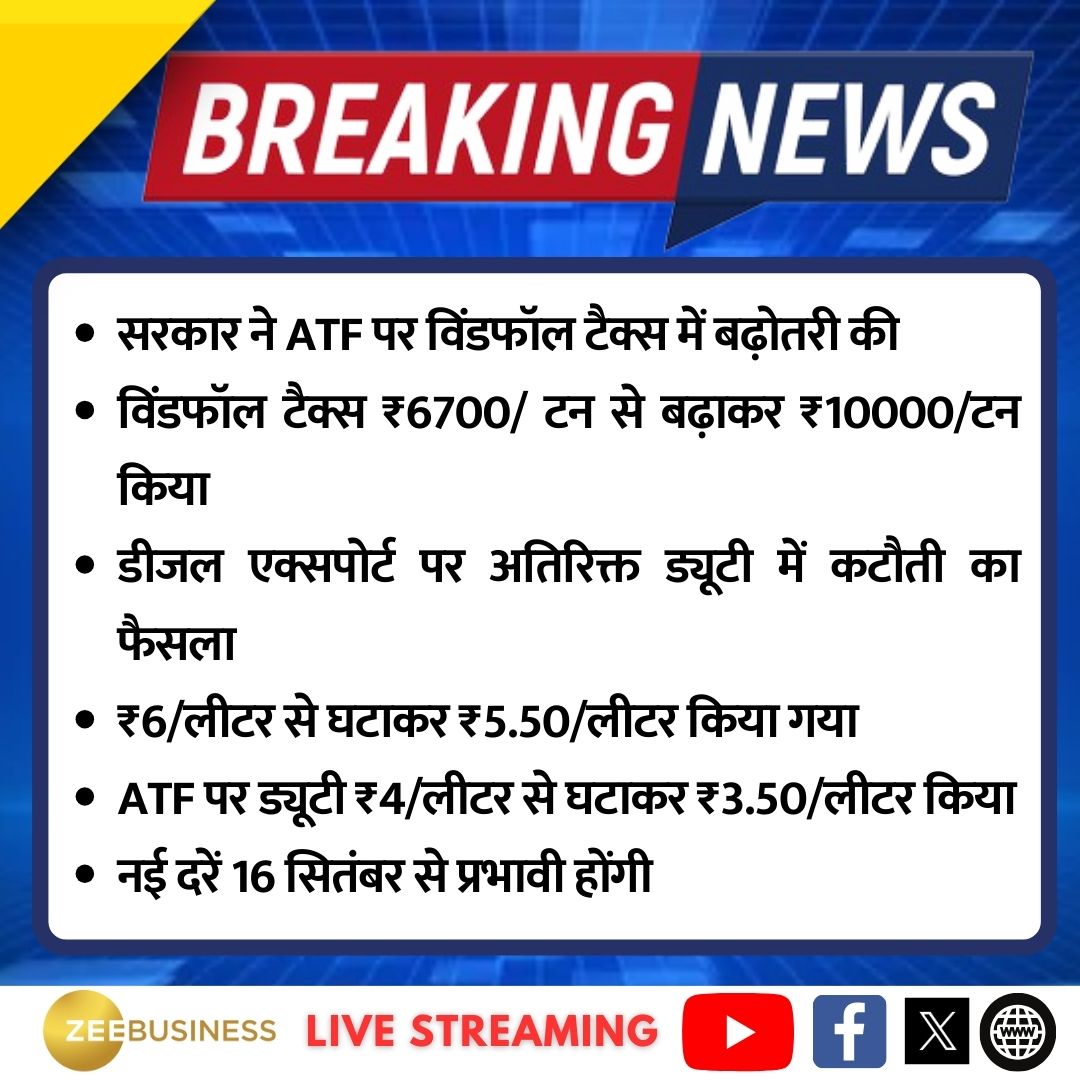 ZeeBusiness's tweet photo. सरकार ने ATF पर विंडफॉल टैक्स में बढ़ोतरी की
विंडफॉल टैक्स ₹6700/ टन से बढ़ाकर ₹10000/टन किया
#WindfallTax #DieselExport #ATF https://t.co/ukEr767Zl5