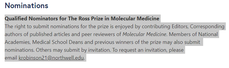 MolMedBMC's tweet photo. Molecular Medicine and the Feinstein Institutes of Northwell Health invite nominations from qualified individuals for the 2024 Ross Prize in Molecular Medicine, open until 11/15/23. More details in image below, and in link: https://t.co/spViJfXA1V
#RossPrize #FeinsteinInstitutes https://t.co/CgZzQDJZc9