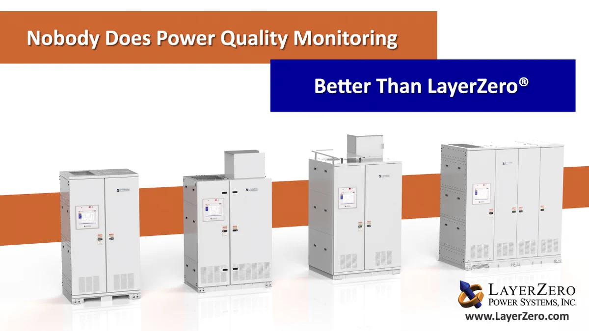 A row of LayerZero static transfer switches sitting on top of each other on a white surface. The switches are gray and rectangular, with a label on each one that reads "LayerZero Power Systems, Inc".  