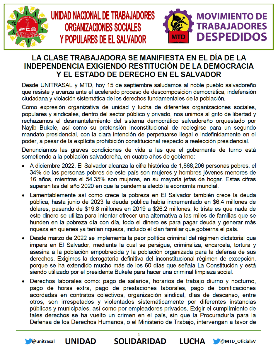 jupatraes's tweet photo. #ElSalvador desde #UNITRASAL y el @MTD_OficialSV Nos unimos a la lucha histórica del pueblo por la restitución de la democracia y el estado de derecho. Denunciamos las graves violaciones a los derechos de la clase trabajadora. ¡Protestar es un derecho, reprimir es un delito!✊💪 https://t.co/FmKgotzl7w