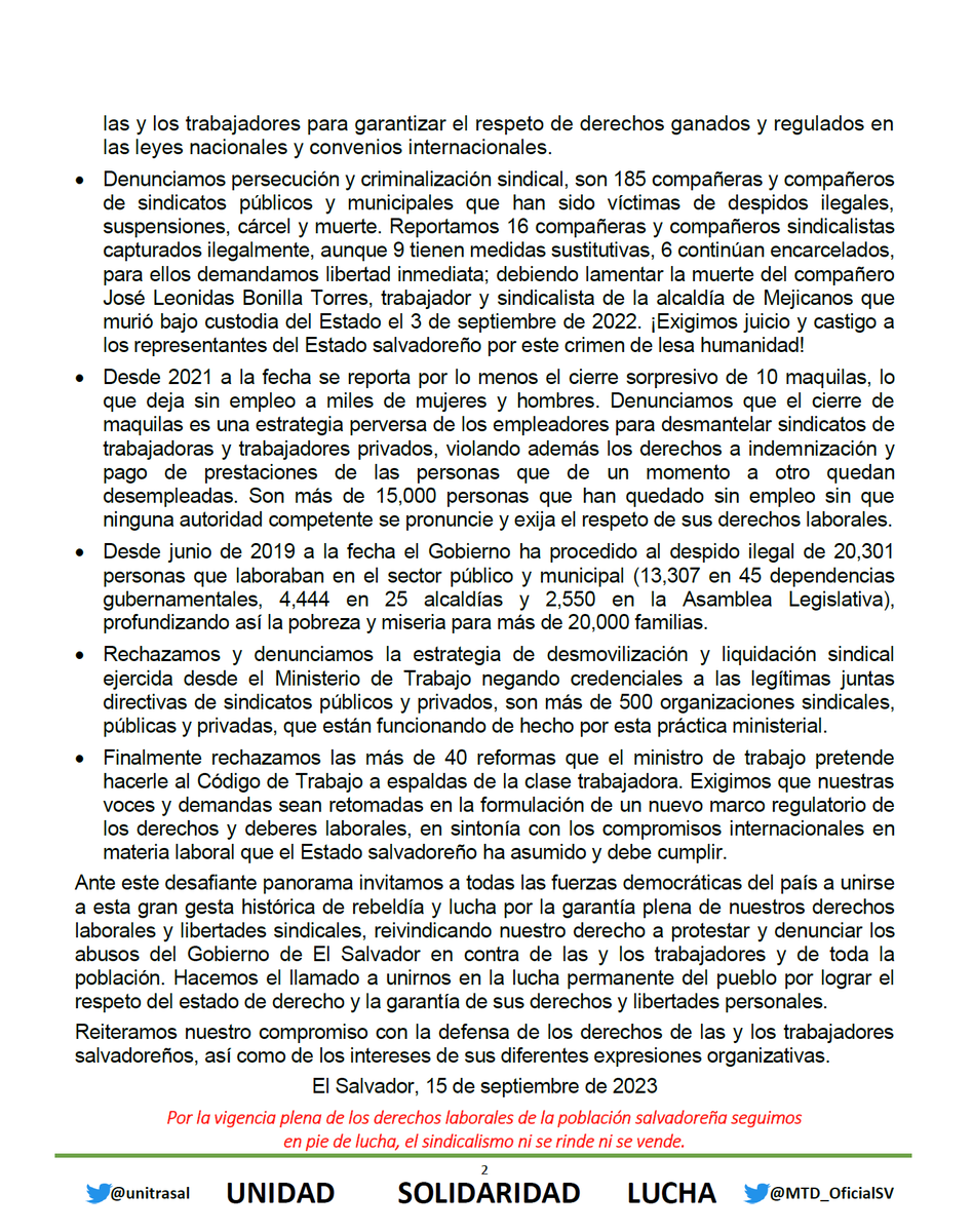 jupatraes's tweet photo. #ElSalvador desde #UNITRASAL y el @MTD_OficialSV Nos unimos a la lucha histórica del pueblo por la restitución de la democracia y el estado de derecho. Denunciamos las graves violaciones a los derechos de la clase trabajadora. ¡Protestar es un derecho, reprimir es un delito!✊💪 https://t.co/FmKgotzl7w
