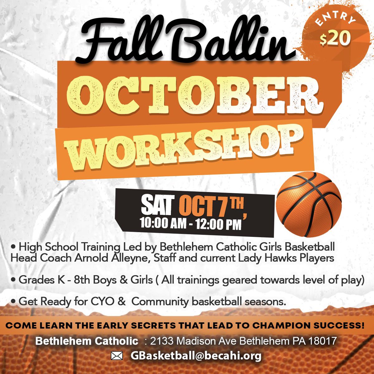 ‼️Attention All Hoopers‼️
Get ready for your CYO and Youth Basketball Season! Come out and train with our Bethlehem Catholic Lady Hawks Basketball Team and staff! Secure your spot and email GBasketball@Becahi.org

Date: October 7th 10-12
Who: Boys &amp; Girls K - 8. 
Where: Becahi