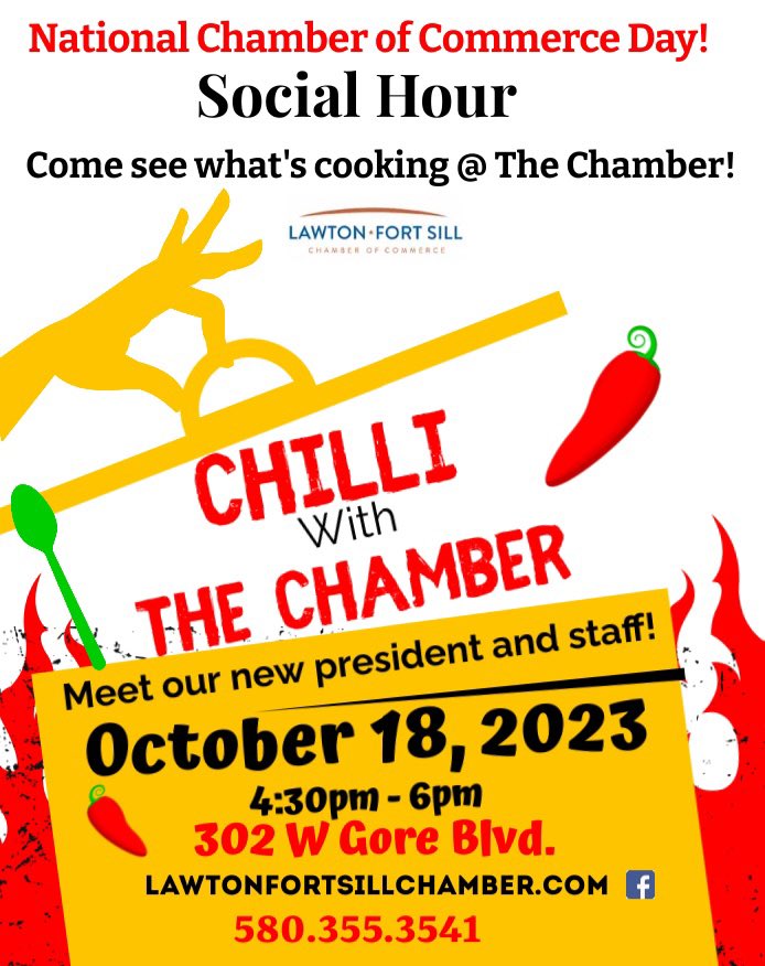 CHILL(I) with the Chamber! Oct. 18!

No, that is not a typo! Come have some chili, and chill with us! 🌶️🔥

It will be a great opportunity to meet the new Chamber President, <a href="/JM_Montgomery/">John Michael Montgomery</a>, and the staff!

#nationalchamberofcommerceday