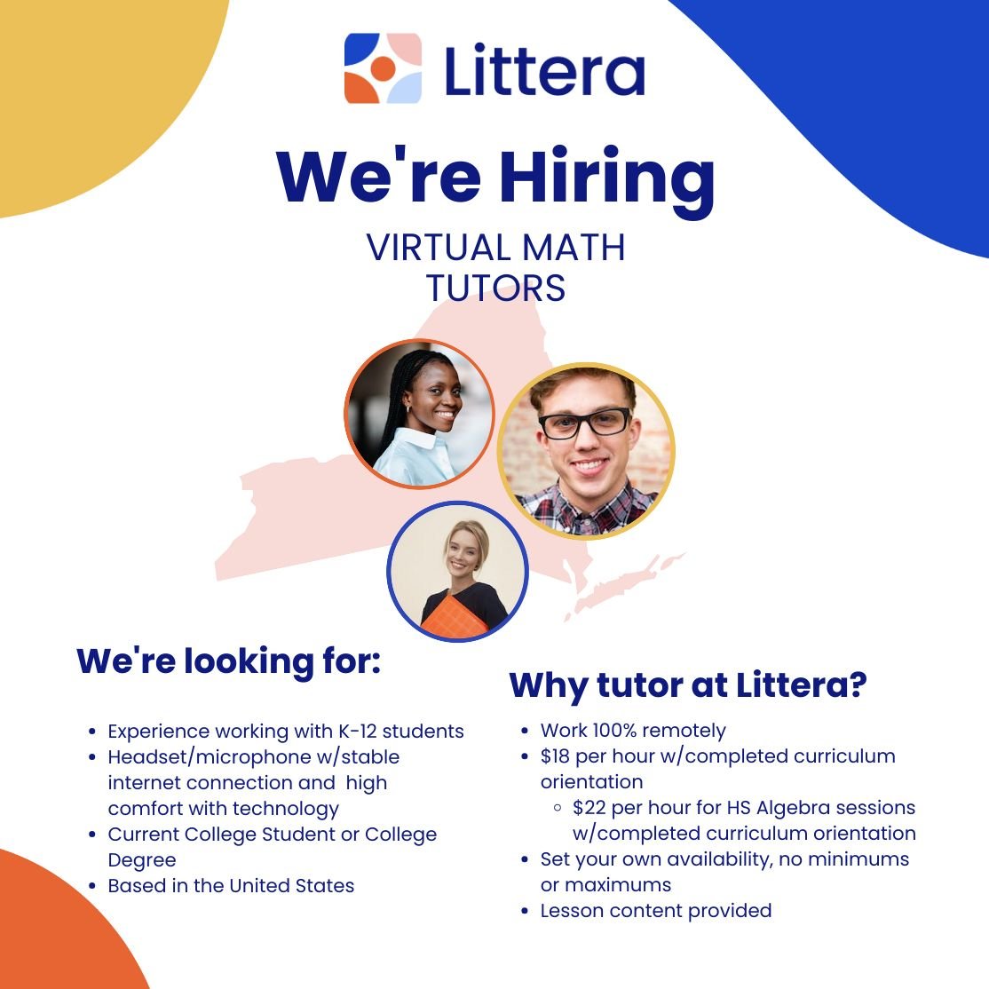 Now hiring! We're looking for New-York based virtual Algebra I tutors to join our Fall 2023 tutor pool for this school year. 🎉 litteraeducation.applytojob.com/apply