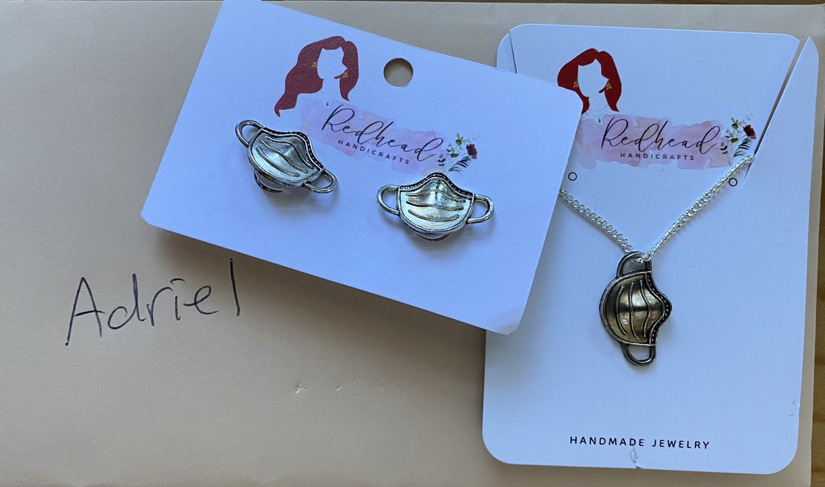 Got my first letter from a new #covidconscious pen pal yesterday & she sent me this super cute jewelry! Here’s her Etsy for those interested: etsy.com/shop/RedheadHa…