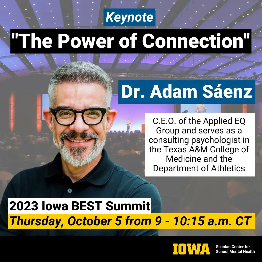 Scanlan Center for School Mental Health (@iowa_scsmh) on Twitter photo 𝟮𝟬𝟮𝟯 𝗜𝗼𝘄𝗮 𝗕𝗘𝗦𝗧 𝗦𝘂𝗺𝗺𝗶𝘁 𝗸𝗲𝘆𝗻𝗼𝘁𝗲 𝘀𝗽𝗲𝗮𝗸𝗲𝗿 📣
<a href="/AdamSaenzPhD/">Adam L. Saenz</a> joins us at the #IowaBEST2023 to speak about how #educators can build life-impacting relationships with students. You don't want to miss it!
Register now ➡️ buff.ly/3Kenhf3 𝟮𝟬𝟮𝟯 𝗜𝗼𝘄𝗮 𝗕𝗘𝗦𝗧 𝗦𝘂𝗺𝗺𝗶𝘁 𝗸𝗲𝘆𝗻𝗼𝘁𝗲 𝘀𝗽𝗲𝗮𝗸𝗲𝗿 📣
<a href="/AdamSaenzPhD/">Adam L. Saenz</a> joins us at the #IowaBEST2023 to speak about how #educators can build life-impacting relationships with students. You don't want to miss it!
Register now ➡️ buff.ly/3Kenhf3