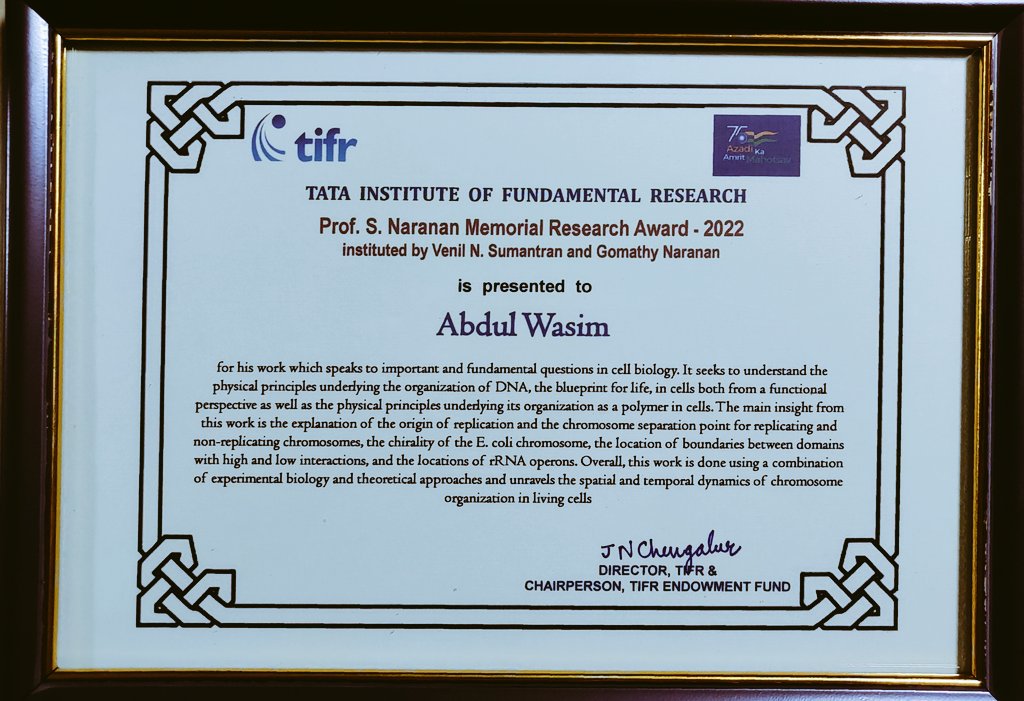 Though this is very belated but recognition of your work goes a long way in providing motivation for performing better quality research and fight the imposter syndrome. Very delighted to share that I had receive the Prof. S Naranan Memorial research award-2022 in Biology. (1/2)