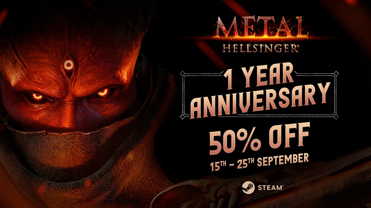 Hellsingers, we're celebrating 1 year of headbanging goodness with our 1 Year Anniversary Steam Sale! Grab Metal: Hellsinger and DLCs for up to 55% off. This is one Hell of a deal, make sure to tell your fellow demons. 🤘 😈 store.steampowered.com/app/1061910/Me…