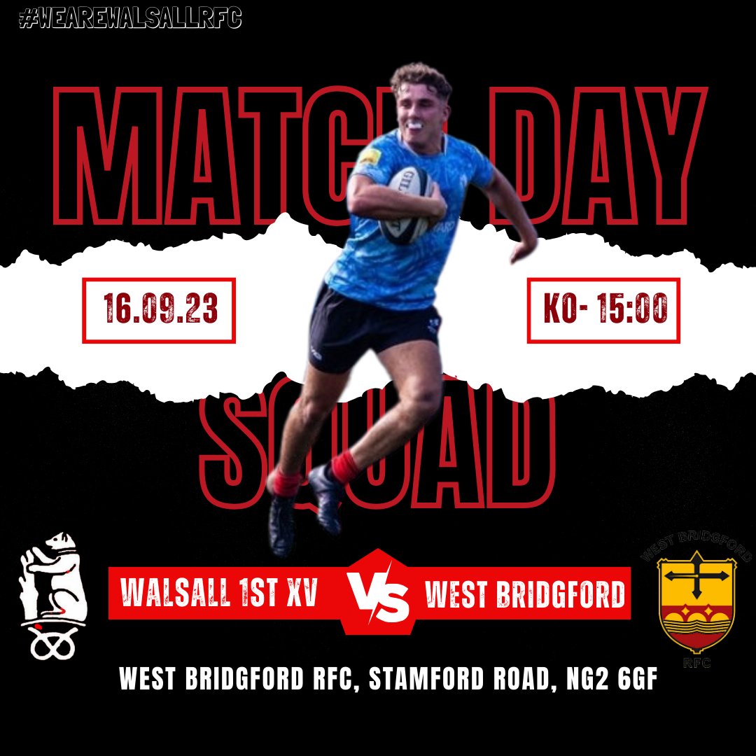 WalsallRFC's tweet photo. Here is your 1st XV squad who are travelling to @westbridgford_rfc tomorrow.
This is the first time our 2 teams have met, and we are sure this is going to be a highly competitive match, and it'd be great to have lots of Walsall support cheering them on.

Come on Walsall! https://t.co/9Y3eYHHeYv
