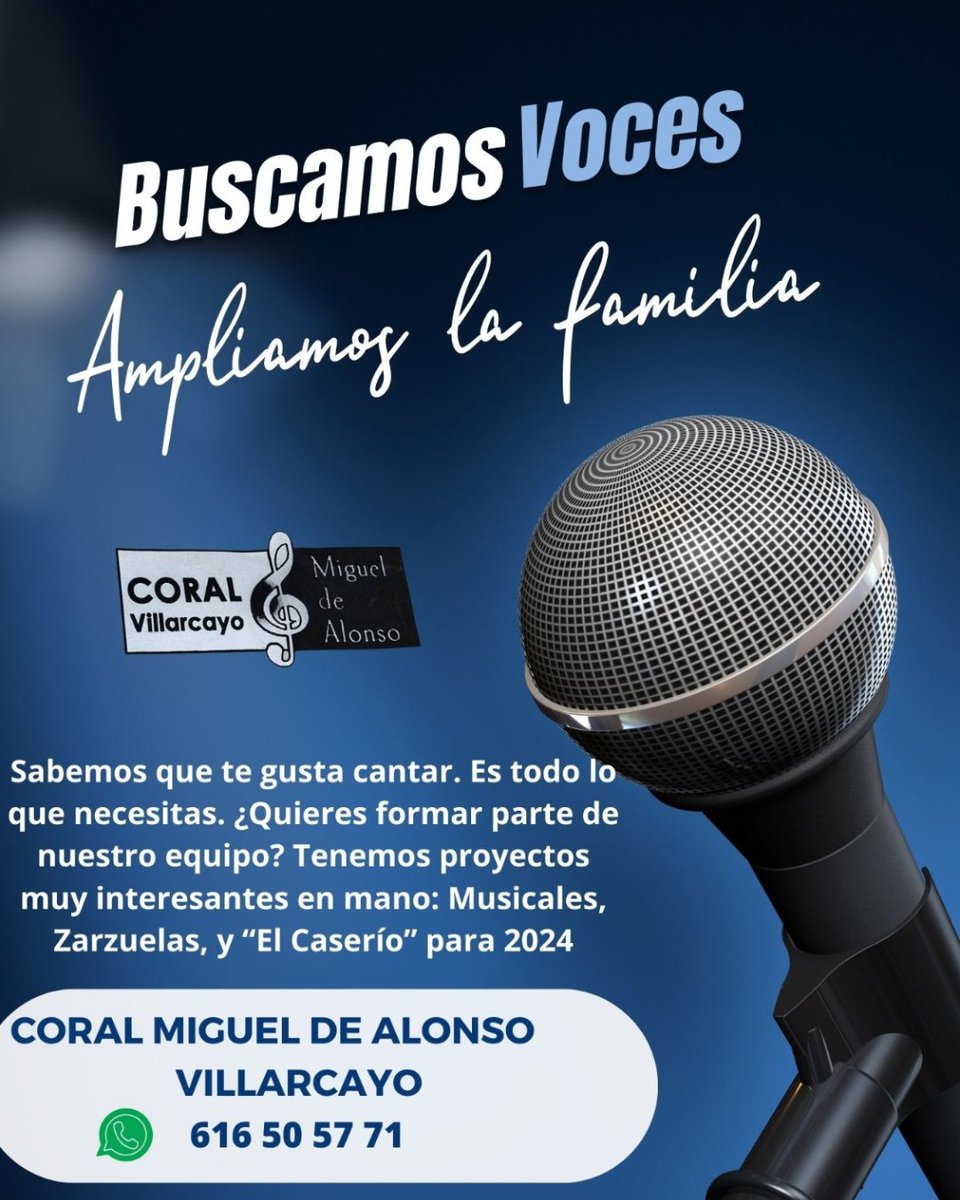🎤 ¿Quieres formar parte de la Coral de #Villarcayo Miguel de Alonso?

Contacta con la Coral:
📲 616 50 57 71

#MúsicaVillarcayo #Villarcayo #VillarcayoMCV