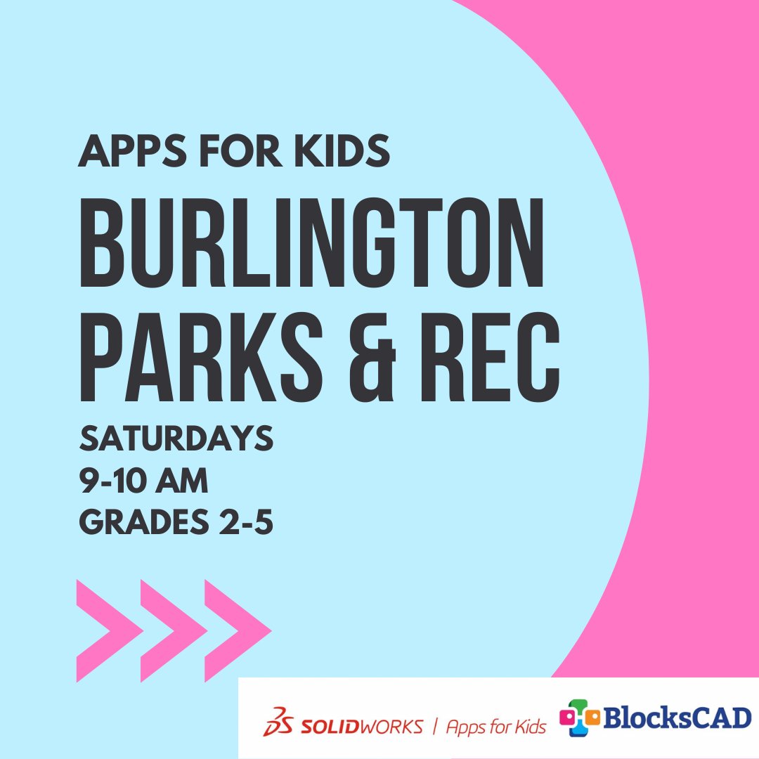 We are so excited that there will be a Solidworks Apps for Kids Class offered through Burlington Parks &amp; Rec! It will run 10/14-12/16 (No class 11/11 or 11/25) Register here: web1.myvscloud.com/wbwsc/maburlin… ! Get your spot now!