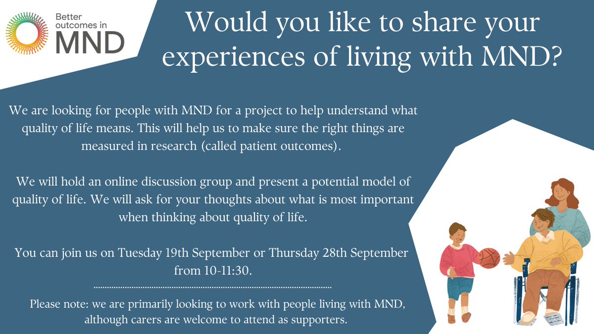 Final call! We're looking for people with MND to join us for an online discussion about quality of life. Details in the flyer below. Please message us with any questions or to join a discussion.