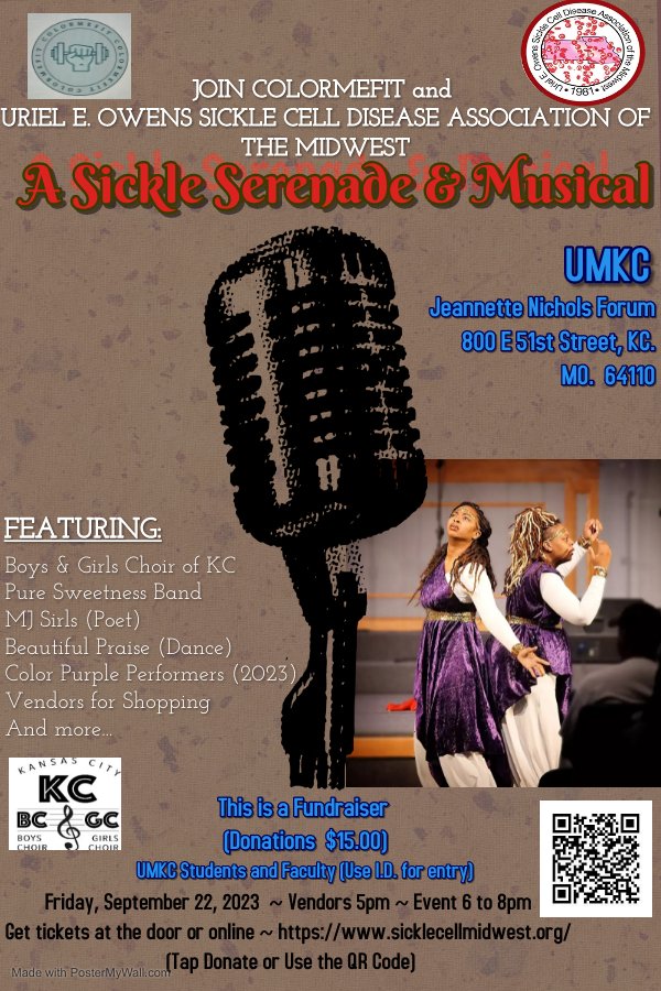 UEOSickleCell's tweet photo. You're invited to our Sickle Serenade fundraiser during MO #SickleCellAwarenessWeek, 9/22! Join us for an evening of music, poetry, dance with performances by 2023 Color Purple cast, Boys &amp; Girls Choir of KC &amp; MORE! Tickets on sale now: https://t.co/6YccE1faDL
#sicklecellmidwest https://t.co/hPTuBMigFl