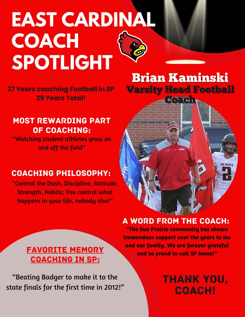 SPCardinals's tweet photo. Good luck to @SunPrairieFB and Coach Kaminski tonight as they take on SP West at 7pm at BOSP Stadium at Ashley Field! Check out our first of many "coach spotlight" series! #GoCards https://t.co/yAhRPabxON