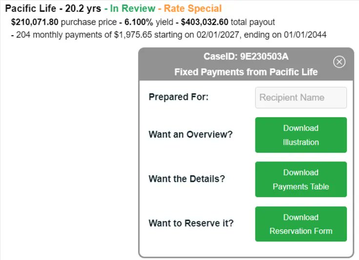 dcfannuities's tweet image. Featured #DCFIncomePayments 
Pacific Life - 20.2 yrs - In Review - Rate Special
$210,071.80 purchase price - 6.100% yield - $403,032.60 total payout

CaseID: 9E230503A
Get details and reserve here: buff.ly/3rgtfVZ 

#DeferredIncome #RetirementIncome #InheritancePlanning