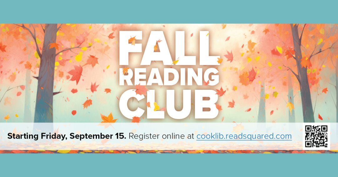 CookLibrary's tweet photo. Grades K-8, earn points for reading or listening. Reach the goal and receive a prize — a book of your choice to keep! Starting Friday, September 15, register online at https://t.co/G7wBOZXlyo or in person at any CMPLD location.

#fallreadingclub #fallintoagoodbook https://t.co/buvJmpTSUb