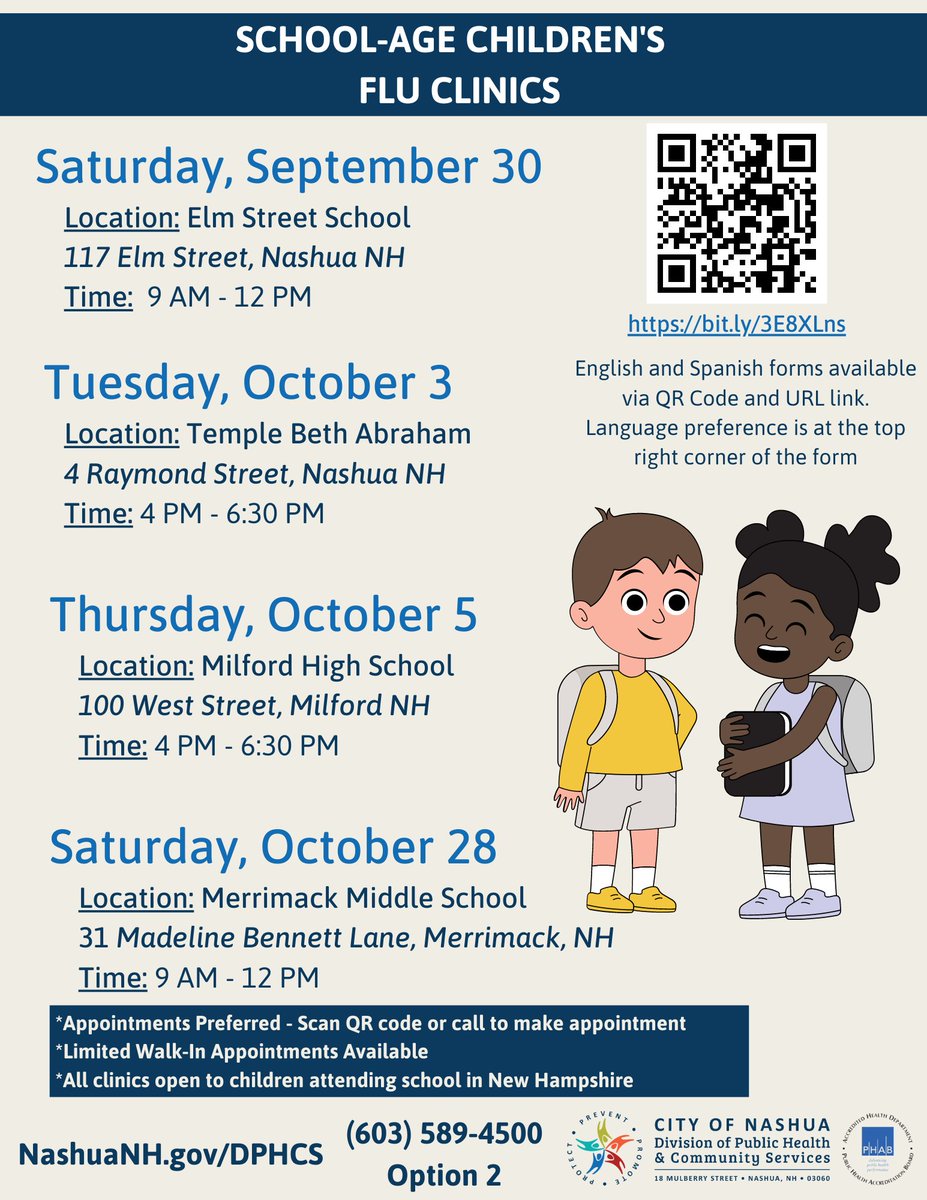 NASHUASCHOOLS's tweet photo. Two weeks from tomorrow! Take advantage of local flu vaccine clinics to stay healthy this school year. @NASHUASCHOOLS Nashua public health nurses @NashuaPHealth will be at Elm Street Middle School from 9 am-noon, Saturday, September 30. Take care and be well! https://t.co/a7CjUVf4M2