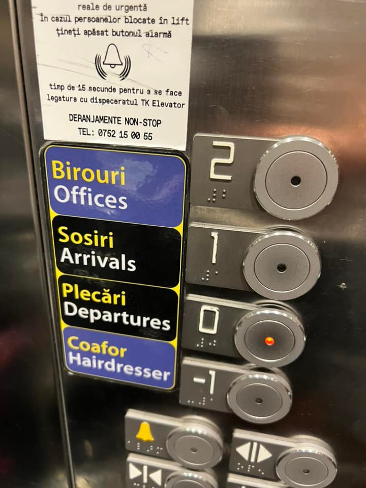 Leaving Romania without a proper haircut is a no-go. Elevator in the Bucharest International Airport.
