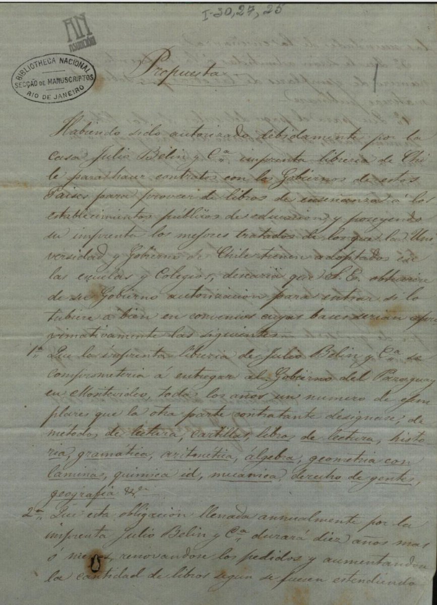 Propuesta de D.F. Sarmiento al encargado de los negocios del Paraguay, proponiendo los términos de un contrato para el fortalecimiento de obras didácticas al gobierno paraguayo.
n9.cl/xhond
AHRP V. 629 – N.º 1. Año 1851.