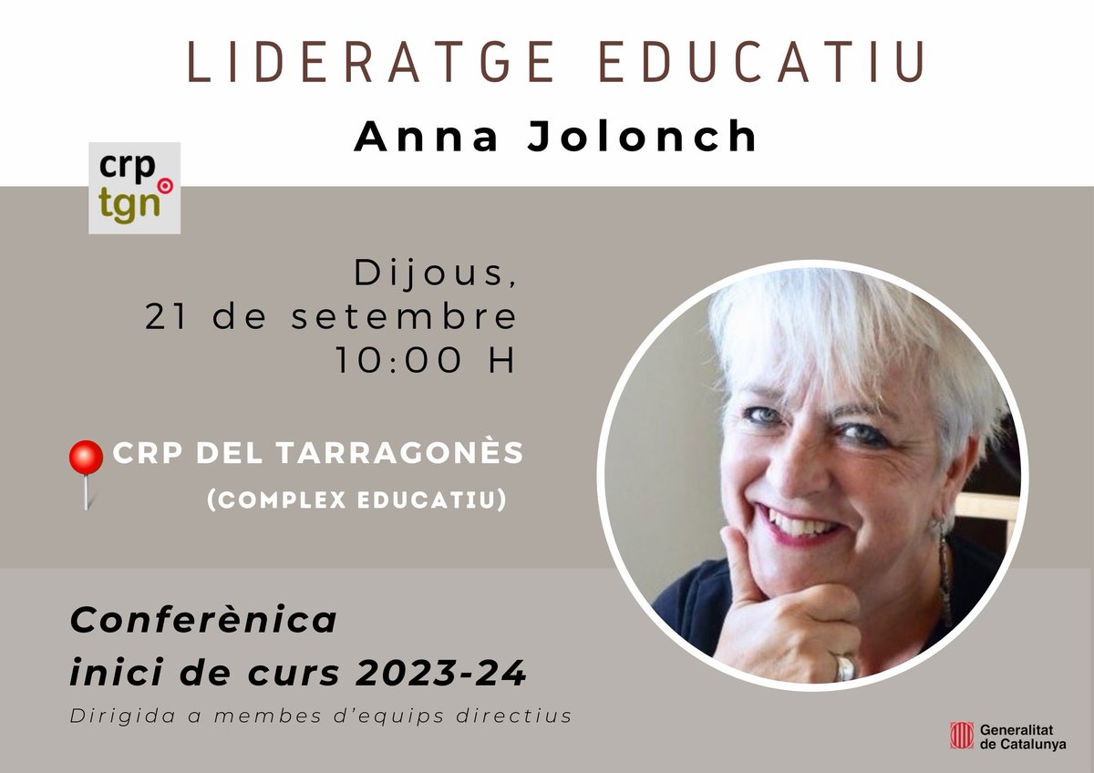crptgn's tweet photo. Conferència d'inici de curs al @crptgn
➡️a càrrec d'@AnnaJolonch ponent experta reconeguda internacionalment en lideratge educatiu ➡️dirigida a equips directius de centres de primària i secundària 

📍CRP del Tarragonès
🗓️21 de setembre 
⏰10h 
➡️Inscrip https://t.co/eKfa3zXNUY https://t.co/c6rFpIjXwn