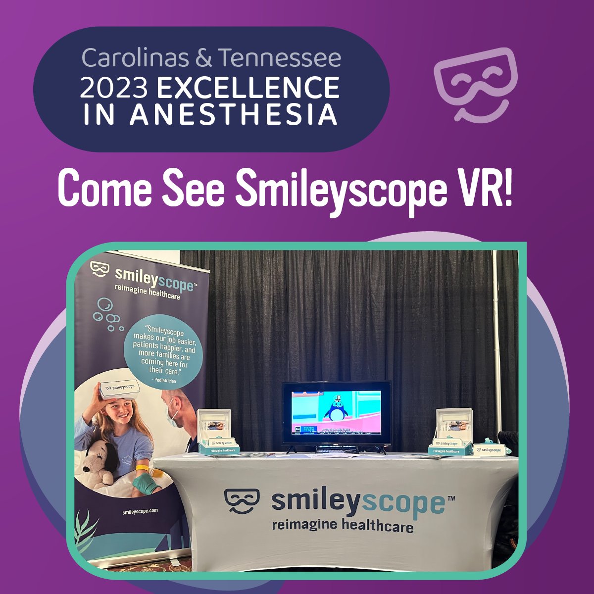 This weekend we're in Asheville, NC for the Carolinas &amp; Tennessee Anesthesiology Conference (CTAC)!

Did you know that Smileyscope VR can help administer, reduce, or altogether avoid sedation?

Learn more at Smileyscope.com!

#anesthesia #virtualreality #smileyscope