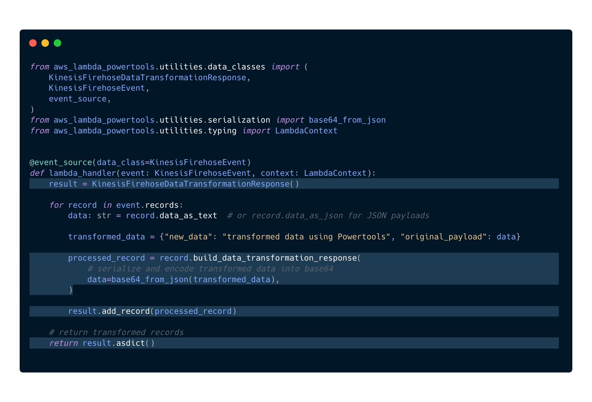 📣 Powertools for AWS Lambda (Python) 2.25 is out!

🔥 Kinesis Firehose Data Transformation simplified
📚 Micro Lambda function example in Event Handler
🫢 Self-documented Secrets Manager event schema

#aws #serverless #python

github.com/aws-powertools…