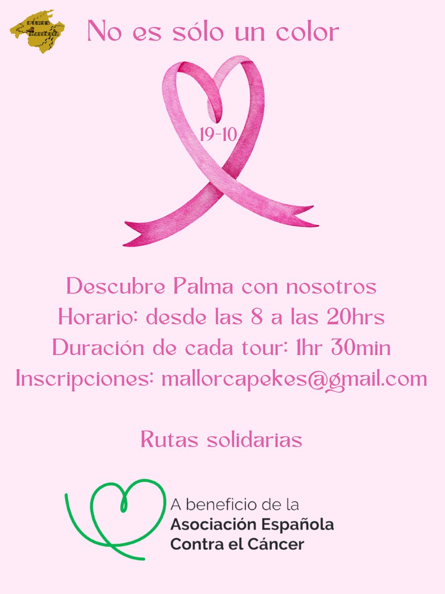 El próximo 19 de octubre, #Díamundialcontraelcáncerdemama. Rutas para descubrir curiosidades de Palma. 

Horario: 8 de la mañana cada 2 horas hasta las 8 de la tarde 

Duración: 1hora 30 minutos 

Lugar: olivo plaza de Cort. 

Precio: aportación voluntaria 

#rutassolidarias