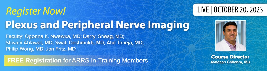 Join us for this new ARRS Virtual Symposium on Friday, October 20, which will discuss nerve imaging, including high-resolution ultrasound and MR neurography for peripheral nerve pathology, and the benefits of NS-RADS.

arrs.org/ARRSLIVE/Stand…