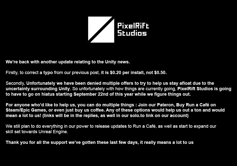 PixelRiftStudio's tweet photo. Update from our previous post regarding the Unity news.  #gamedev #gamedevelopment #indiedev #unity #unity3d #UnityEngine https://t.co/PtiKgHUBC7