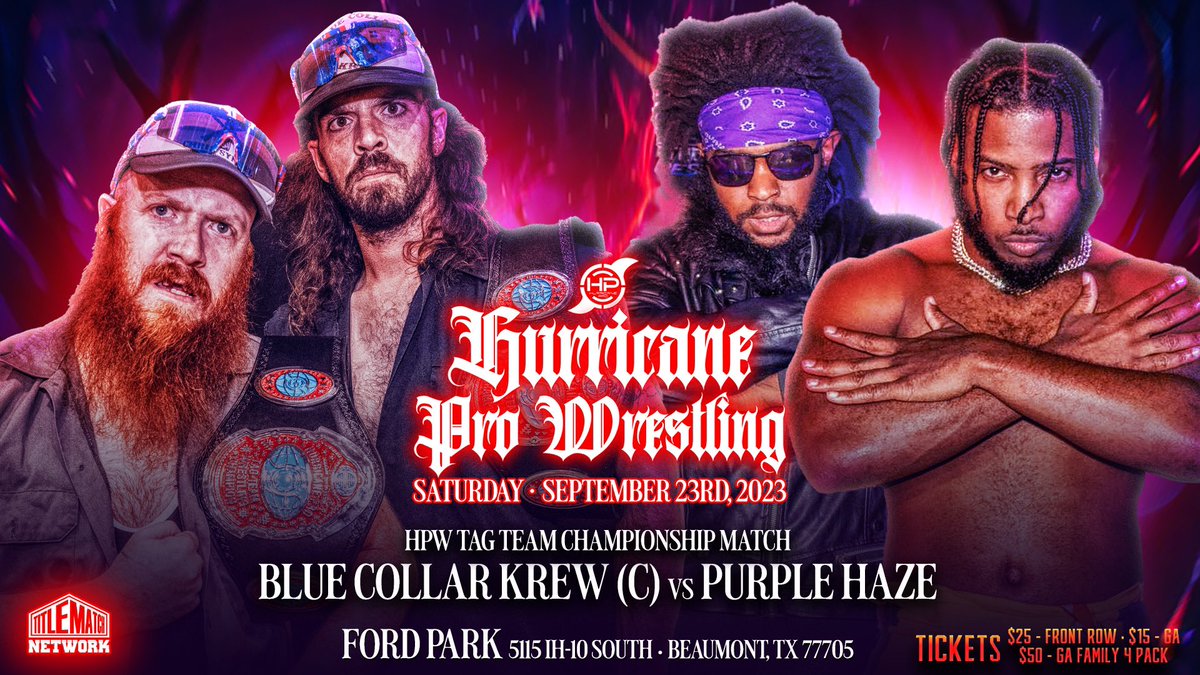 Hurricanepro1's tweet photo. HPW TAG TEAM CHAMPIONSHIP 

Blue Collar Krew (c) v Purple Haze (Prince Alexander &amp; @STEVIEHENDRIX97 )

Sat, Sept 23 @ @FordPark , 7p
📺 @TitleMatchWN 
🎟️Ticketmaster or FP Box Office

#prowrestling https://t.co/vXlkt2nF2W