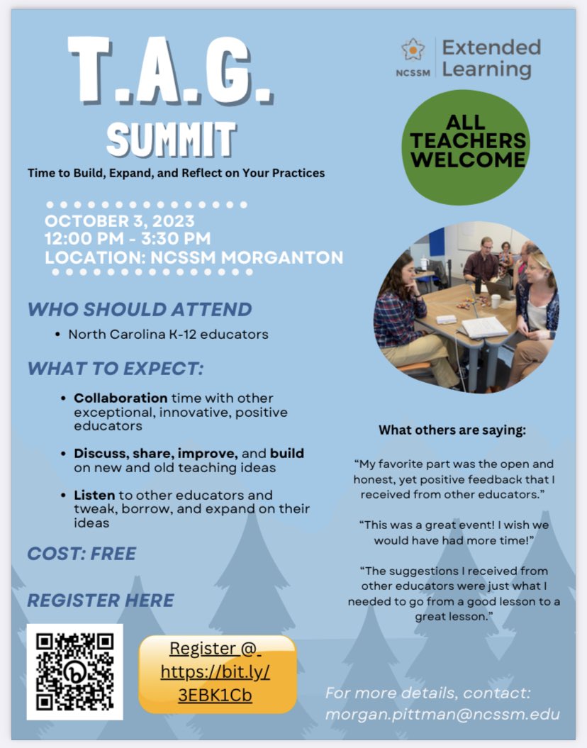 Attention North Carolina Teachers! Join us at NCSSM Morganton on October 3, 2023 for this wonderful “free” opportunity to collaborate with other educators. bit.ly/3EBK1Cb

Ask me for more infomation