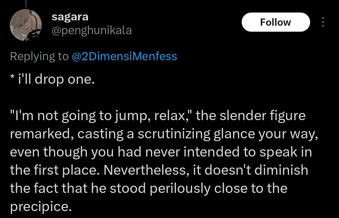 ___vampider's tweet photo. ㅤ
ㅤ @penghunikala 

ㅤ"don't worry, you can't," while others play nice, he is not. and while others would banter a joke, he will not either. there's a better and much efficient way. by keeping your foot sticks using his web, for example. "not even slipping would do."
ㅤ https://t.co/Hgvv8uGAgk