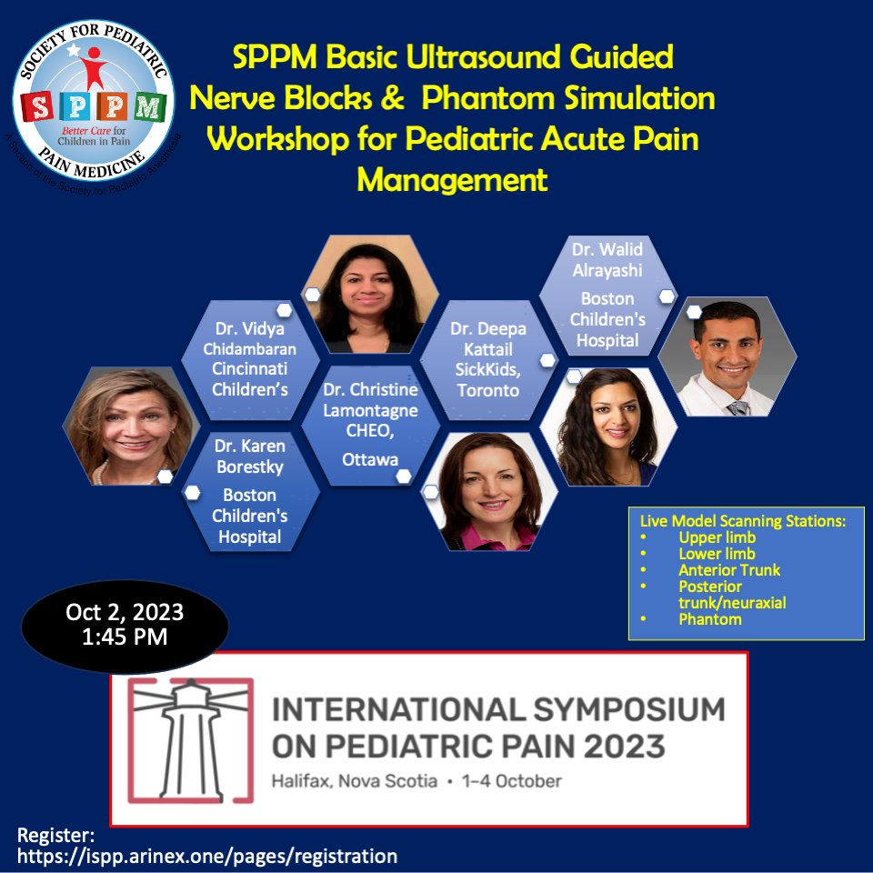Our society is excited to be part of #ISSP2023 in beautiful Halifax this October! Check out our workshop on Basic Ultrasound Guided Nerve Blocks with expert #anesthesia faculty! #PedsPain #regionalanethesia #PedsAnes #itdoesnthavetohurt Register here ➡️ispp.arinex.one/pages/registra…