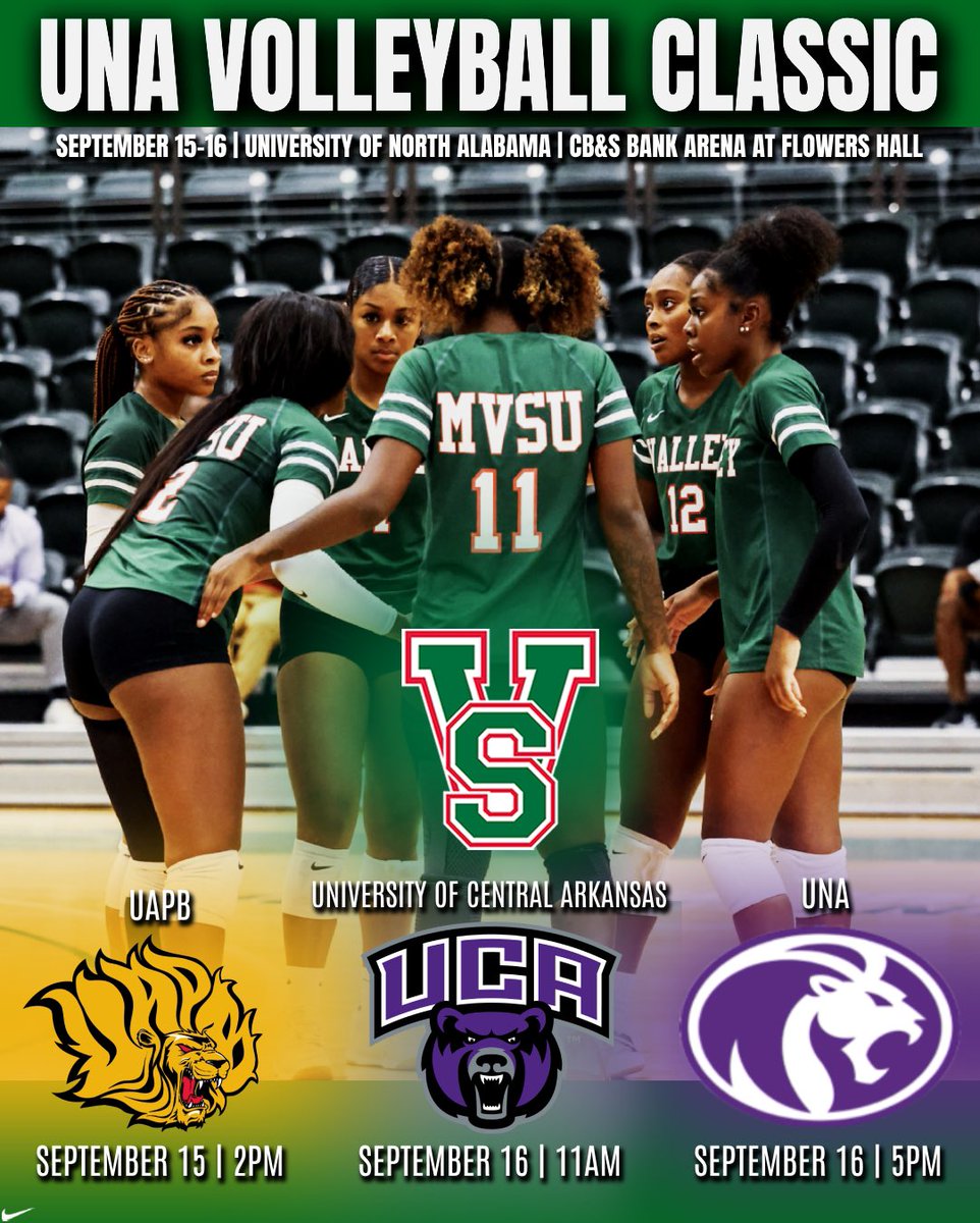GAMEDAY‼️

UNA Volleyball Classic 
🆚: Arkansas-Pine Bluff
⌚️: 2PM
📍: University of North Alabama