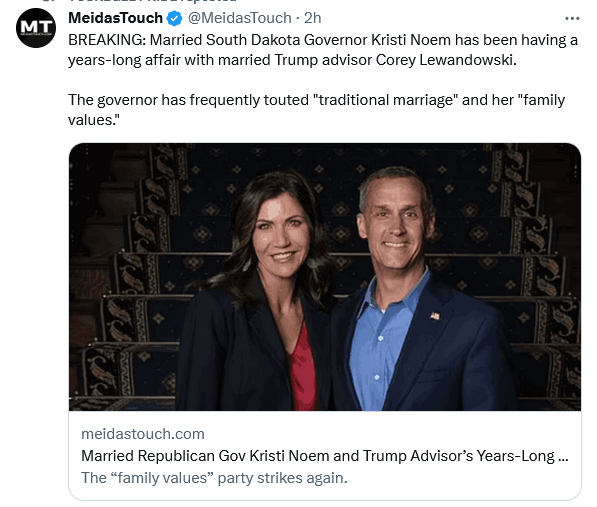 #BreakingNews #KristiNoem #BB25 #GQP Move to Russia: South Dakota Governor Kristi Noem, adulterer and #TruthSocial hero, took 22 years to finish college and didn't understand #science or COVID. So Donald Trump and the GOP love her. meidastouch.com/news/married-r….