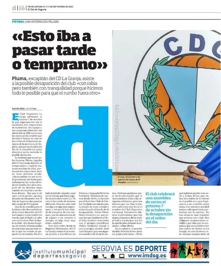 futbollagranja's tweet photo. Hoy hemos comenzado el fin de semana con esta entrevista de @ElDiaSegovia, en la que @diegopluma14 detalla cual fue el rumbo del CD La Granja, que le ha llevado a la situación en la que está actualmente. https://t.co/5HdEc88Ipz
