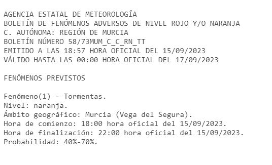 112rmurcia's tweet photo. ⚠️⚠️La @AEMET_Esp  , en su último boletín, mantiene el nivel amarillo de aviso por lluvias y tormentas en toda la #RegióndeMurcia salvo en la Vega del Segura, donde lo incrementa a nivel naranja desde la 18h de hoy hasta las 22h. ☔️⛈️☔️⛈️ https://t.co/NUWCtmhSOt