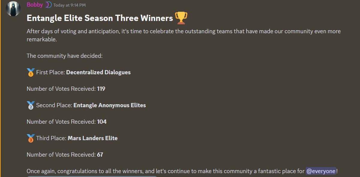 TweetsAzaan1's tweet image. 🏆 We did it! 🥇 Team Decentralized Dialogues won 1st place out of 70 teams in Entangle Elite Season 3 with 119 votes! 🚀🌟

Thanks to all who believed in us and our teamwork. Your support made it happen! 🙌🚀 

#EntangleEliteSeason3 #EntangleProtocol 
@fmehrban1 @Entanglefi