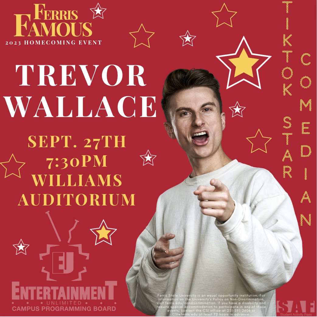 FerrisEU's tweet image. Hey Bulldogs! Only two weeks before Trevor Wallace takes the stage at Williams Auditorium! Being featured on Comedy Central and Netflix Is a Joke, you will not want to miss a night full of endless laughter!

Doors -- 6:30pm w/ FSU Student ID | 7pm Public
@trevorwallace @degyent