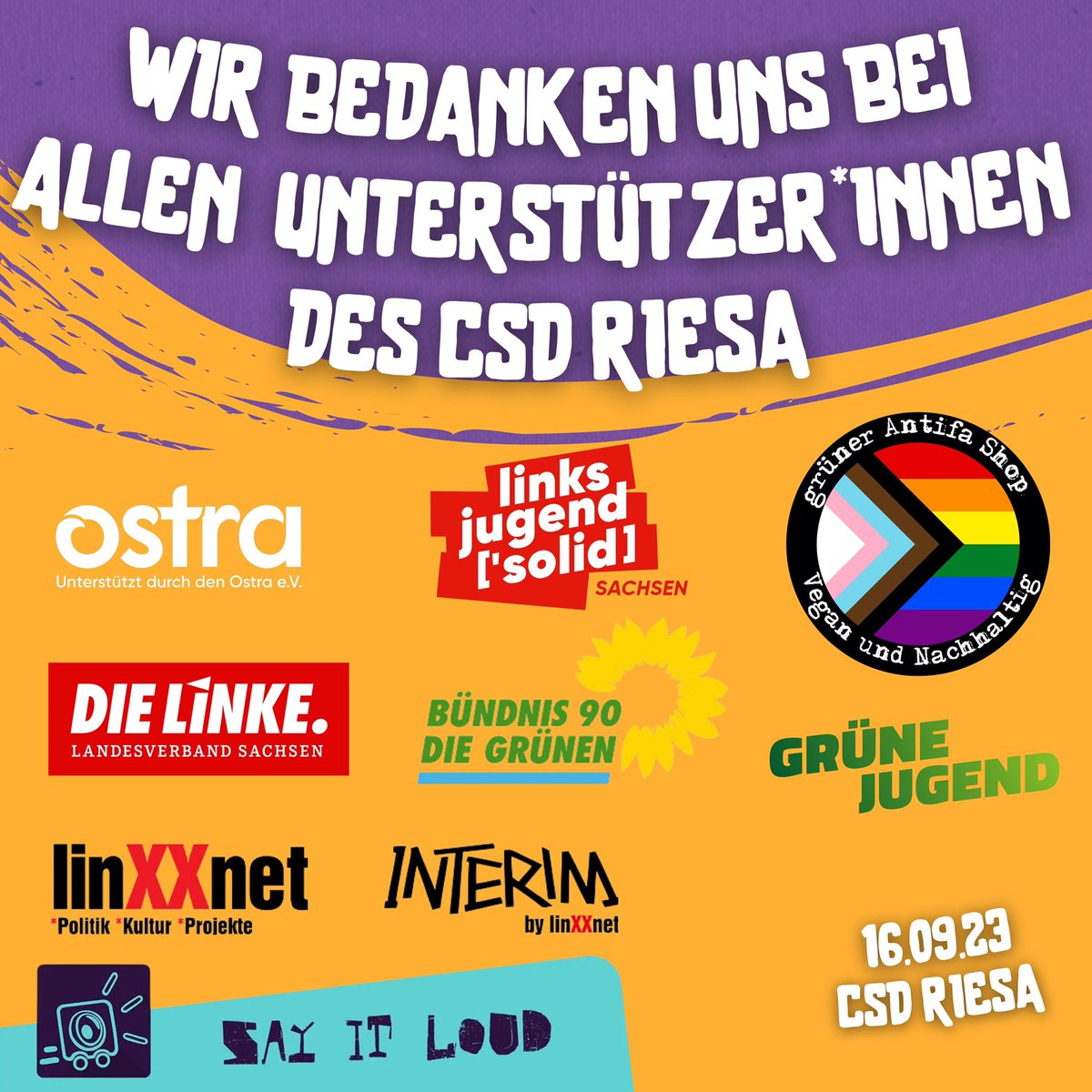 csd_riesa's tweet photo. Morgen ist es soweit!🎉
Der dritte CSD in Riesa steht an und wir bedanken uns bei allen, die uns geholfen haben, das möglich zu machen! 
@Gruener_Antifa @linksjugend_sn @linke_sachsen @SaxGruen @gj_sachsen @linxxnet @sayitloudev @gorskih_anna @BoehmeMarco @lucies_ecke https://t.co/09nvjQtsJ2