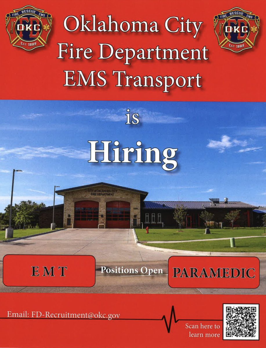 OKCFD's tweet photo. Applications are open for EMT Basics and Paramedics. Scan the QR code or click on the link to apply. https://t.co/Gu3Nbp7KZ1. #meettheneed https://t.co/GE0zOfNlyd