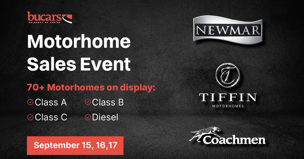 BucarsRV's tweet photo. Stop by Bucars RV Centre all weekend long for our epic Motorhome Sale Event! Explore the latest models, get expert advice from our Parts and Service teams, and enjoy a cheeseburger for lunch, on us! 🍔🚐

#BucarsRV #LoveRVing #BuyAtBucars #MotorhomeSale #SnowbirdSeason https://t.co/SxFcLB8BTF