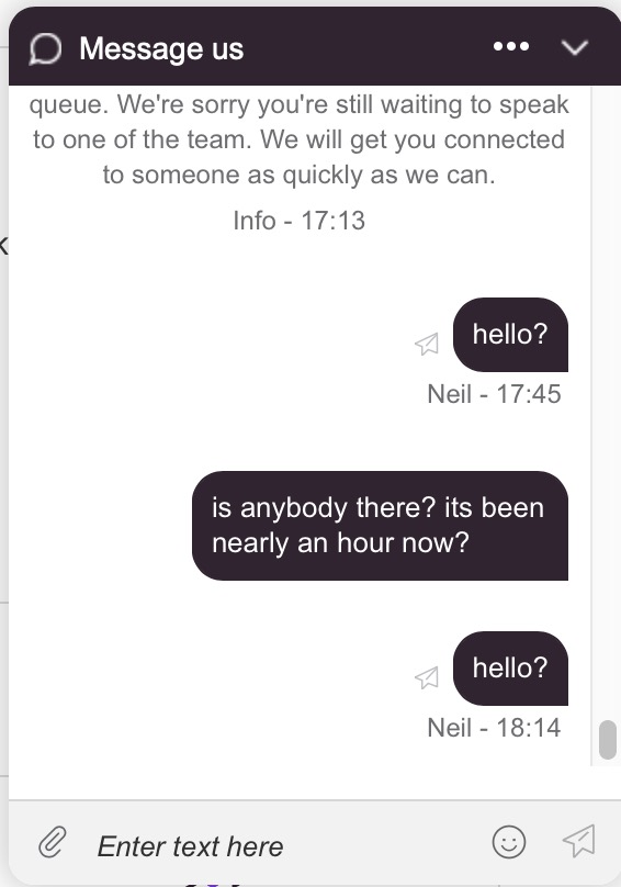 neno260's tweet photo. @virginmedia is it normal to wait for over an hour to get a live chat on the go? https://t.co/R2ICWIKVXL