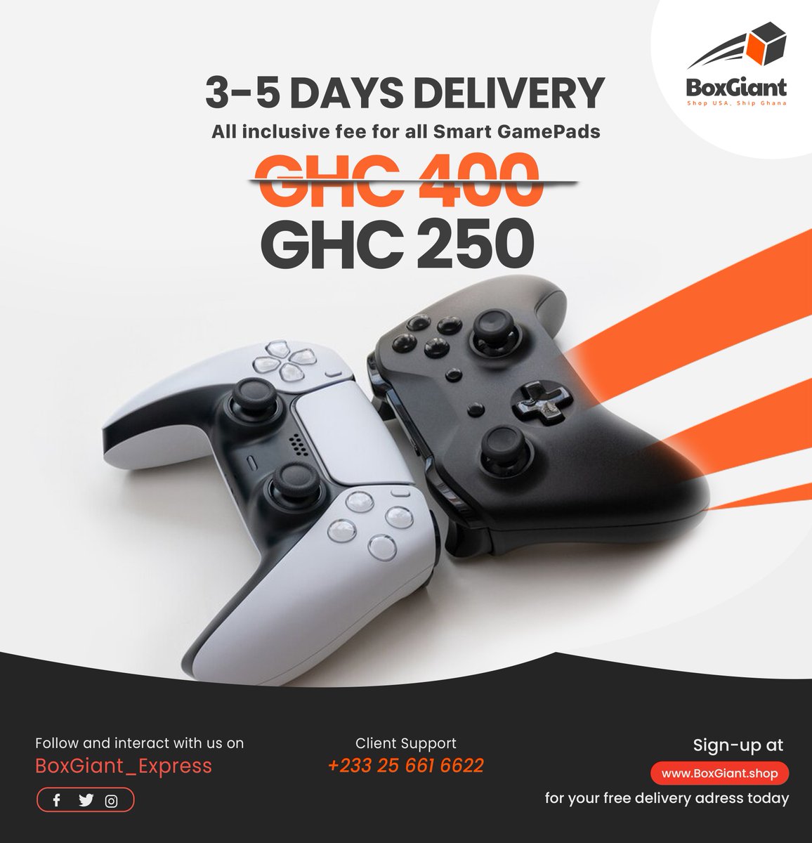 BoXGiantExpress's tweet photo. For a flat fee of GHC 250 ship all your Playstation and Xbox gaming pads from the US to Ghana in just 3-5 days and start kicking asses. https://t.co/YB05208o5k