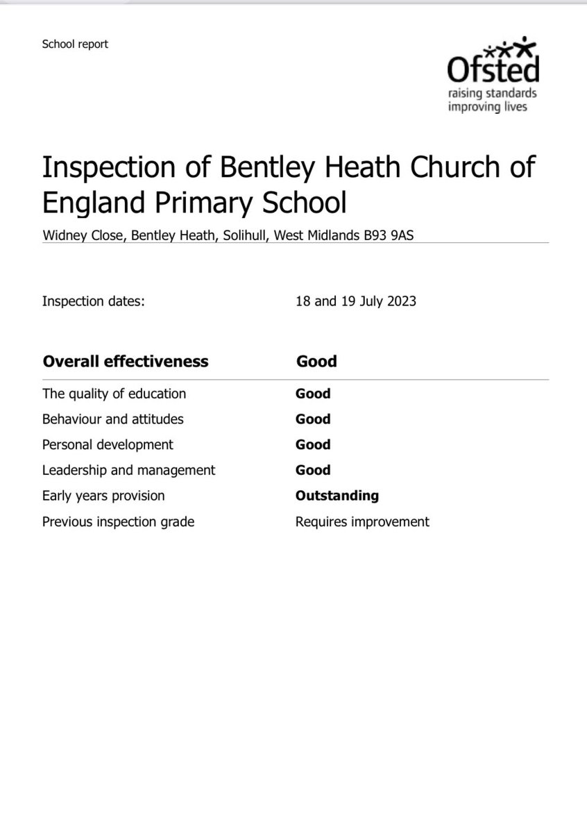 bentleyheathps's tweet image. We are pleased to be able to share with you our Ofsted report following our inspection in July. You can find it on the home page of our website here: bentley-heath.solihull.sch.uk