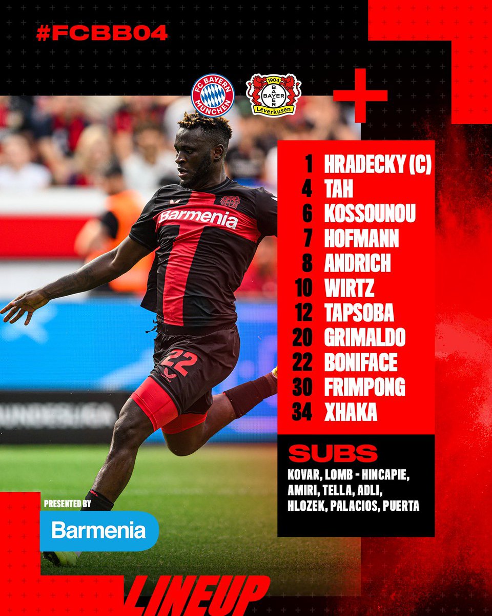 bayer04_en's tweet photo. 𝙎𝙩𝙖𝙧𝙩𝙞𝙣𝙜 𝙓𝙄 𝙫𝙨 @FCBayernEN 

Let's go #Werkself!👊⚫️🔴

#FCBB04 | #Bayer04 https://t.co/PLEiH8fuxb