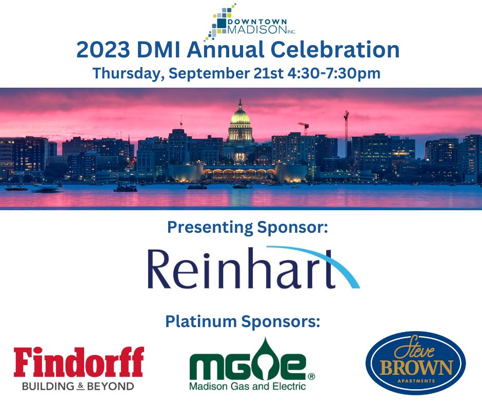 The 2023 DMI Annual Celebration is less than 1 week away! Thank you to our Presenting and Platinum Sponsors: <a href="/ReinhartLaw/">Reinhart Law</a>, <a href="/findorff/">Findorff</a>, <a href="/MGEMadison/">Madison Gas and Electric</a>, and <a href="/SteveBrownApts/">Steve Brown Apartments</a>. Register today at downtownmadison.org/event/2023-dmi…!