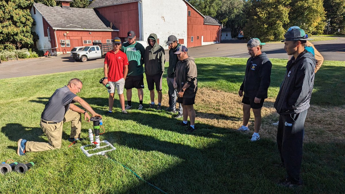 DelValTurf's tweet photo. Thumbs-up to @PSUTurfRainman for the hands-on learning this am. Disassembled a golf sprinkler, glued pipe, used Teflon tape, & used a multimeter to troubleshoot on #screenfreefriday @DelVal https://t.co/ckvHWlbyz0