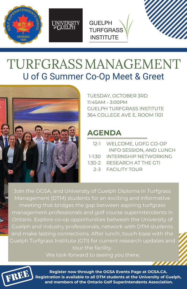 #OGSA Members!! Please join us for an amazing day of info &amp; networking with the UofG Turfgrass Management students here <a href="/GuelphTurf/">Guelph Turfgrass Institute</a>! 💚 This is a fantastic opportunity for you to find the perfect Summer co-op student! Don't miss out, register for free:buff.ly/3RkJpIr